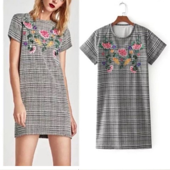 Zara Plaid Floral Sequin Embroidered T-Shirt Dress - Picture 9 of 9